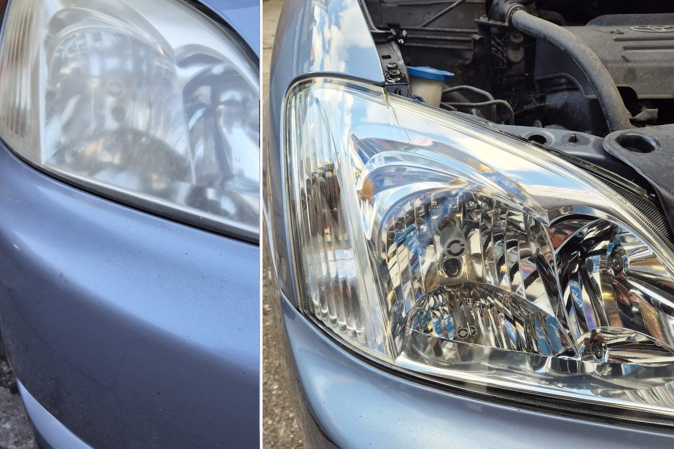 Headlight Restoration. Comparison of a dull car headlight and a clean, shiny one.